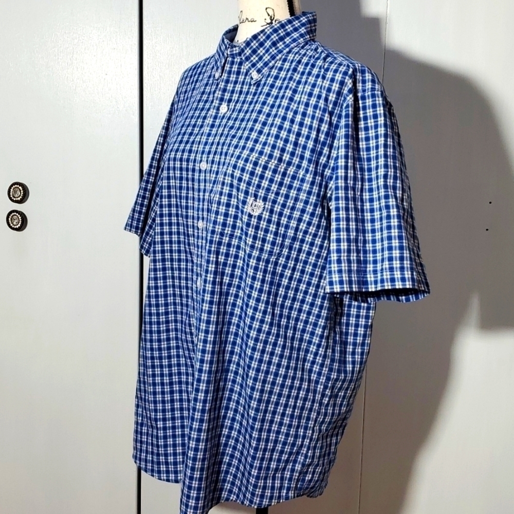 Chaps| Mens White/Blue Plaid Short Sleeve Pocket Shirt Preppy Sz.Large